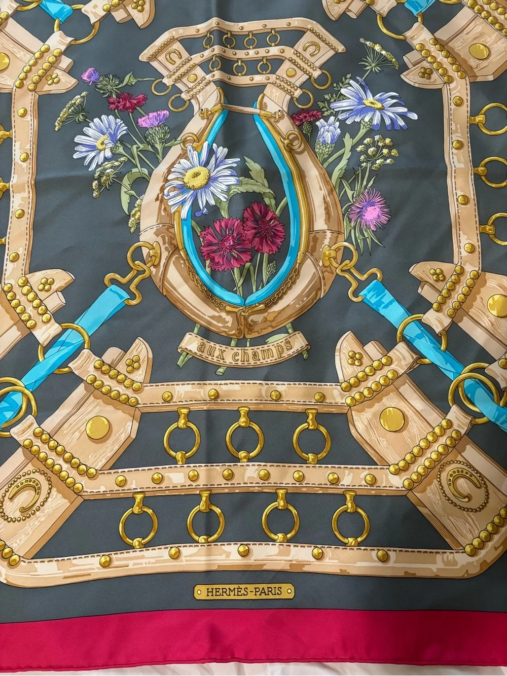 Hermès “Aux Champs” Silk Scarf – Equestrian Floral Design